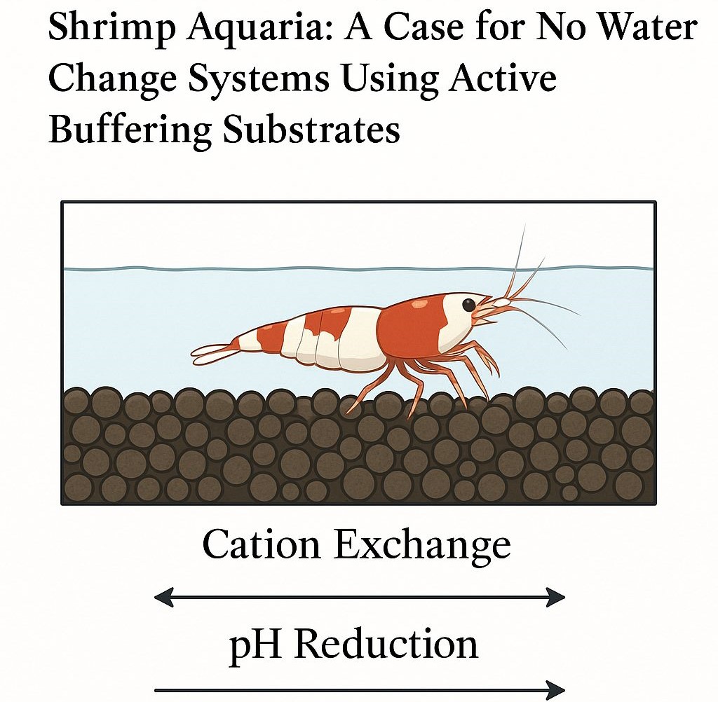 Illustration of a Crystal Red Shrimp on an active soil substrate in an aquarium, with arrows indicating cation exchange and pH reduction processes in the soil layer.